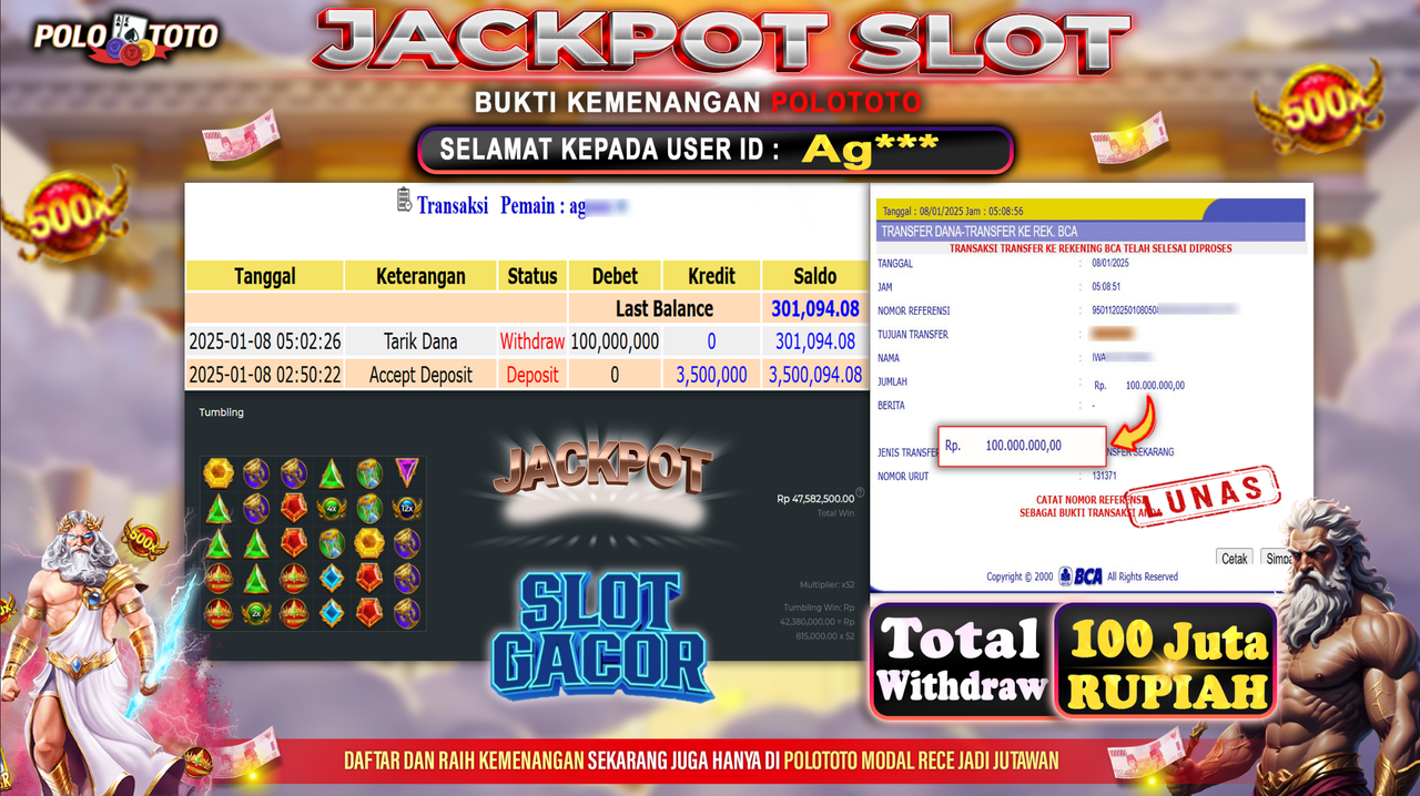 POLOTOTO JACKPOT SLOT GATES OF OLYMPUS Rp.100,000.000,-