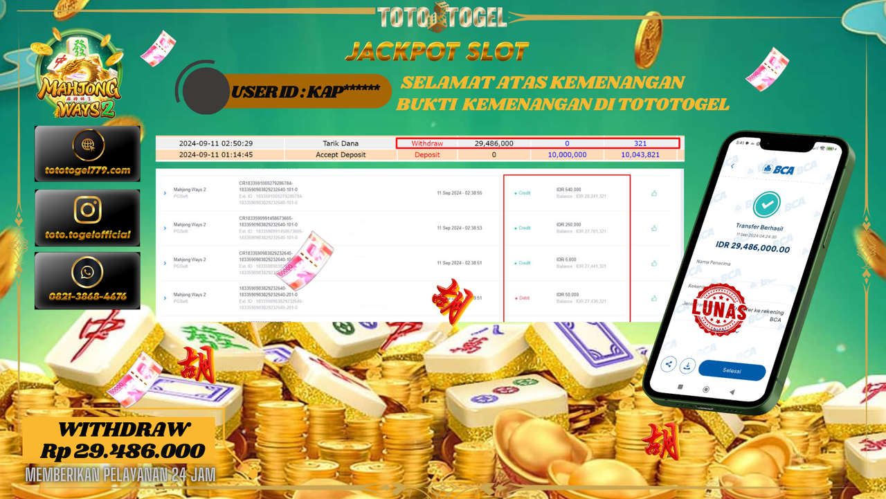 Bukti Kemenangan Permainan Slot Mahjong Ways 2 Dengan ID : KAP***** Terbayar Lunas!!
