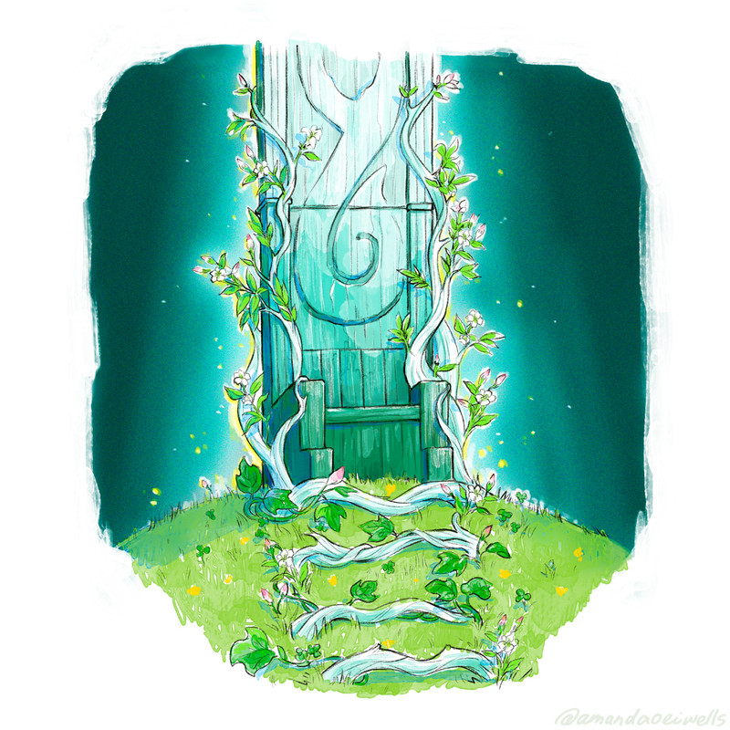 A throne made of wooden branches, sitting atop a small green hill.