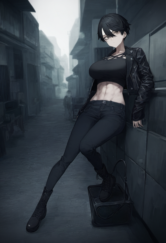depth of field, 1girl, [[tall]], [toned], large breasts, short hair, black hair, s-1371236546