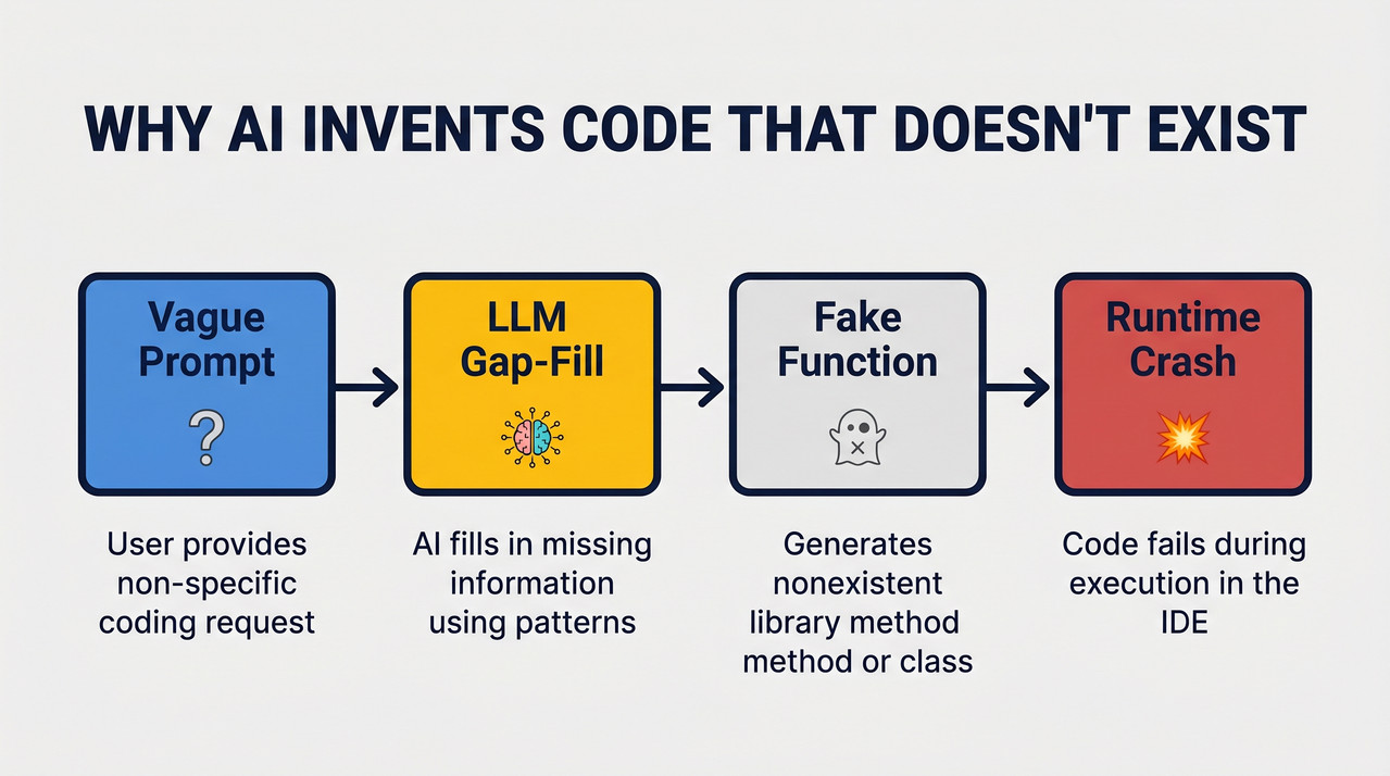 Why AI hallucinates code — flowchart showing vague prompt to runtime crash