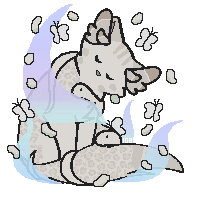 a small drawing of Toku, a snowy rosette spotted cat with small off-white wings on his ears, and two white snakes/noodles around his shoulders and tail. flowing around him is a white lily petal whirl, four white butterflies, and a combination of silver and rainbow smoke, giving him a pastel rainbow aura. cat ID 166878