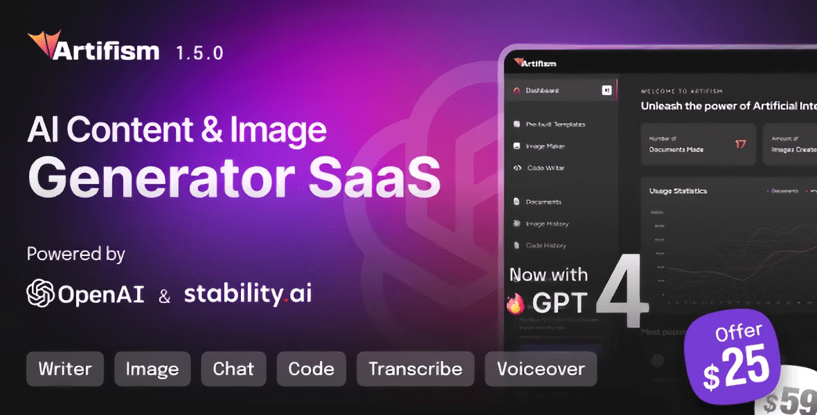 Artifism – AI Content & Image Generator SaaS Script PHP