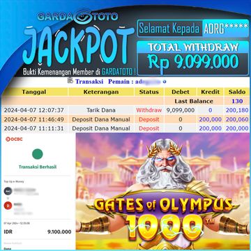 JACKPOT SLOT MAIN DI SLOT GATES OF OLYMPUS 1000 WD Rp 9.099.000,- DIBAYAR LUNAS GARDATOTO MANTAP !