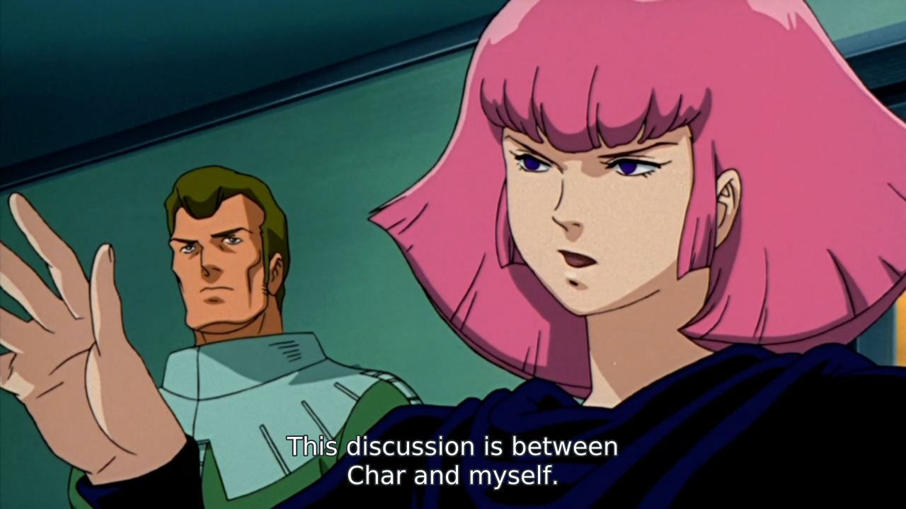 Haman lifts a hand to silence someone and says, "This discussion is between Char and myself."