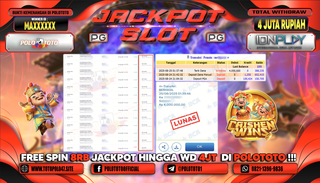 POLOTOTO JACKPOT SLOT CAISHEN WINS Rp.4.000.000,-