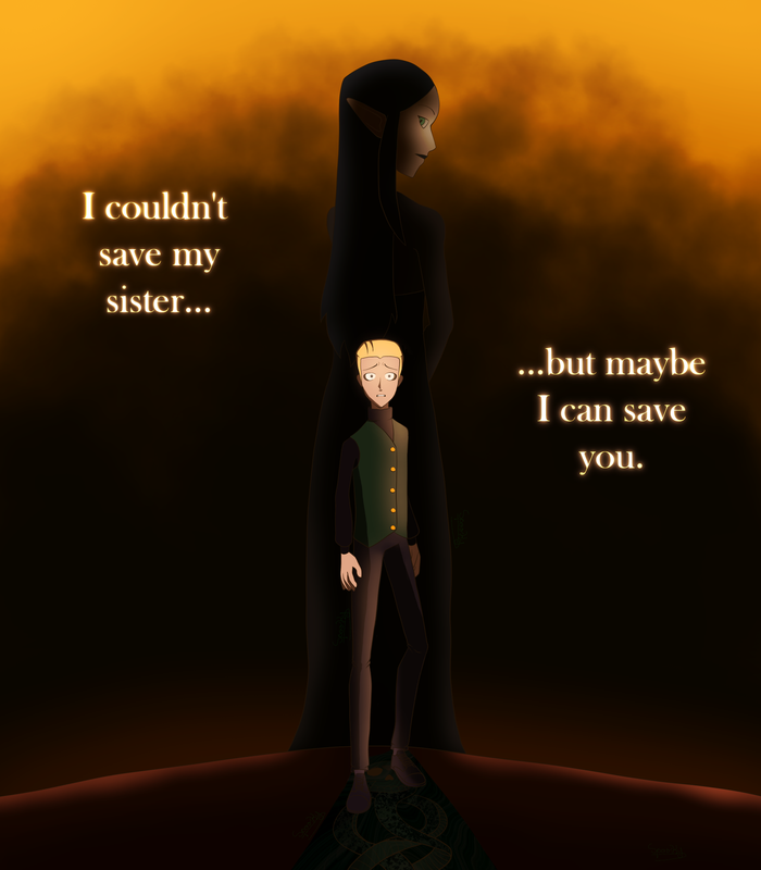Draco Malfoy stands at the center of the image, eyes wide with terror and trying to back away from the camera view. His shadow stretches out beneath him, the shape of the Dark Mark embedded in its darkness. A large silhouetted version of Lilith stands behind him, back turned, her head turned to the side. The both of them stand on a red hill the color of Boiling Isles grass. The back of the piece is dark, except for a smoke-like cloud effect spreading into a yellow top of the image, almost giving the impression of burning.