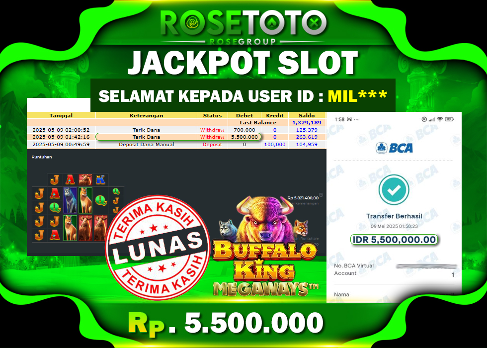 ROSETOTO JACKPOT SLOT Buffalo King Megaways Rp.5.500.000.,- LUNAS