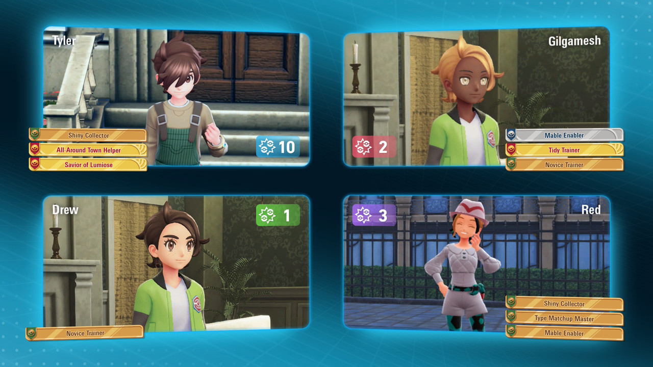 A post-match stats screen after a multiplayer game in Pokémon Legends: Z-A. Tyler leads with 10 knock outs. Red has 3. Gilgamesh has 2. Drew has 1.