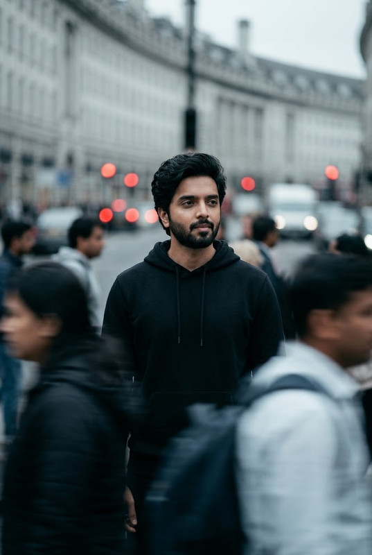 AI-generated example result for the creative-images prompt: Long-Exposure Urban Motion Portrait by Prompt Craft