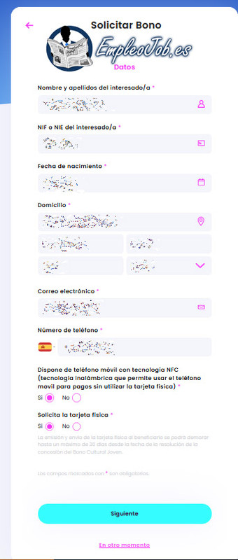 formulario datos personal bono cultural