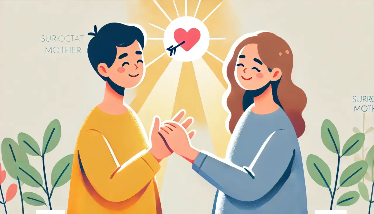 Illustration of intended parents and surrogate showing empathy and gratitude, emphasizing the emotional support in surrogacy.