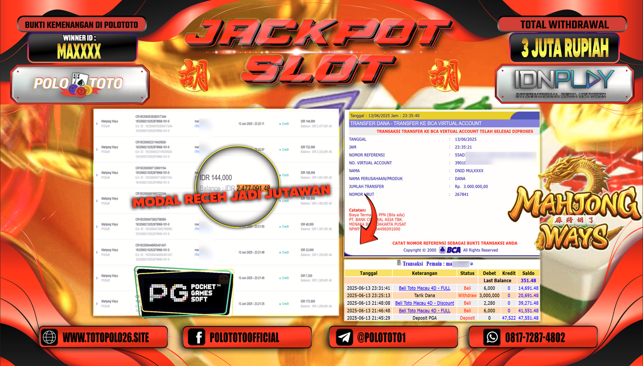 POLOTOTO JACKPOT SLOT MAHJONG WAYS Rp.3.000.000,-