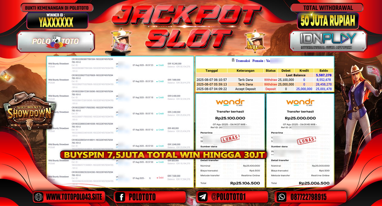 POLOTOTO JACKPOT SLOT WILD BOUNTY SHOWDOWN Rp.50.000.000,-LUNAS