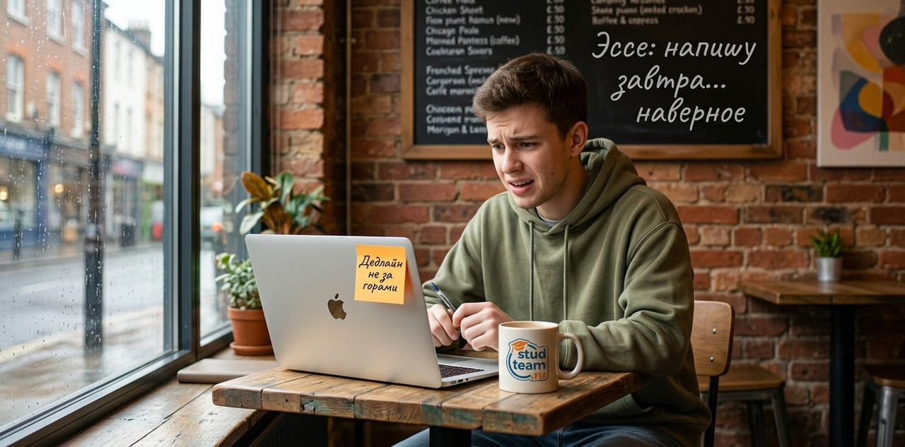 male student sitting at a small table in a trendy modern coffee shop