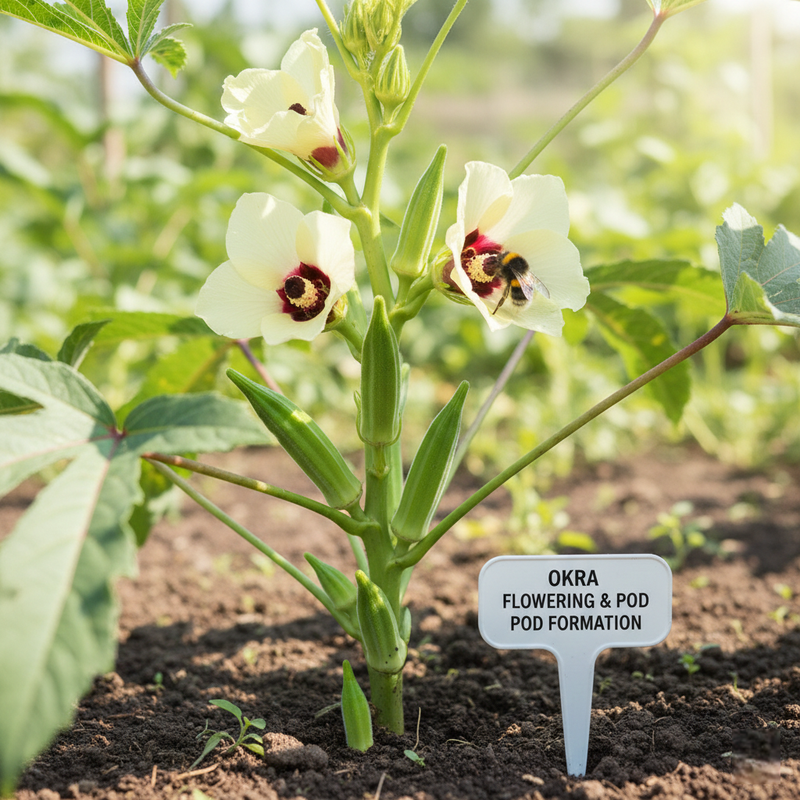 Okra flowering and pod formation stage showing flowers turning into pods