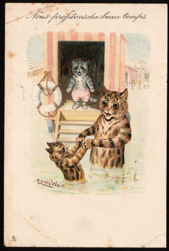 Louis-Wain-Nous-profitons-du-beau-temps-Animaux-en-posture-detre-humain-Bain-de-mer-de-chat-Mei