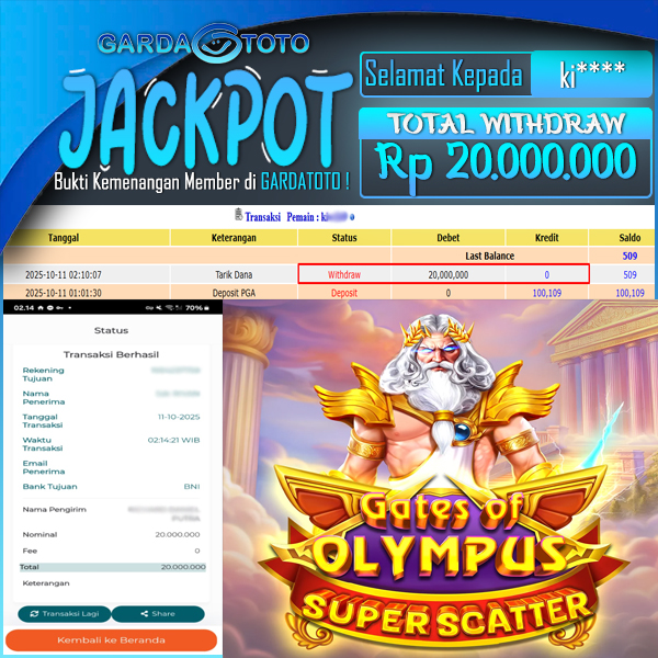 JACKPOT DI PERMAINAN SLOT PRAGMATIC PLAY GATES OF OLYMPUS SUPER SCATTER WD Rp20.000.000