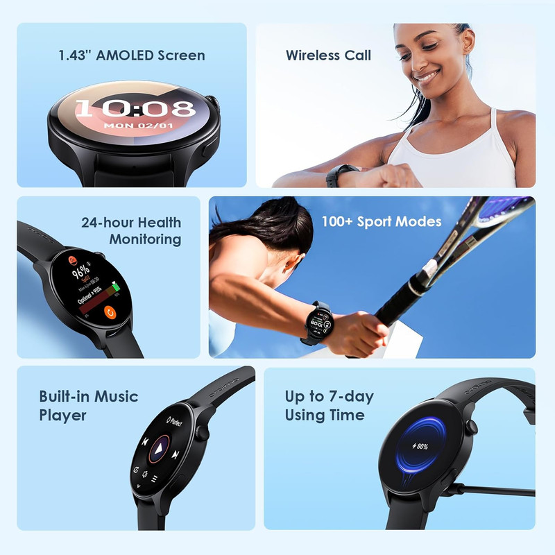 ساعة oraimo watch er osw-42 الذكية - شاشة 1.43 بوصة - مكالمات بلوتوث - تتبع صحي - أسود - 2