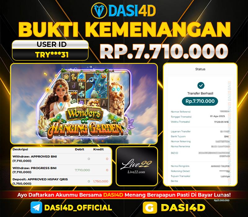 BUKTI KEMENANGAN 01 AGUSTUS DI WONDERS OF HANGING GARDEN RP 7.710.000