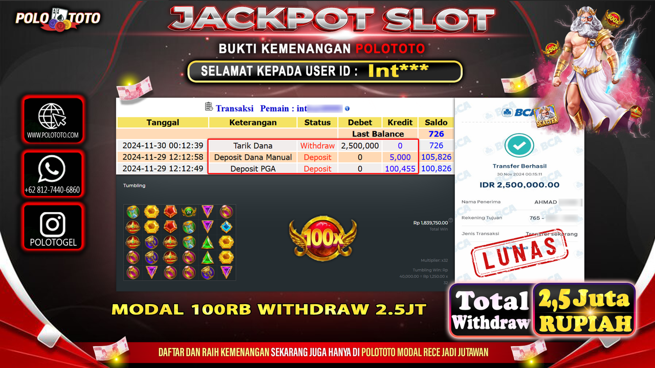 POLOTOTO JACKPOT SLOT GATES OF OLYMPUS Rp.2,500.000,-