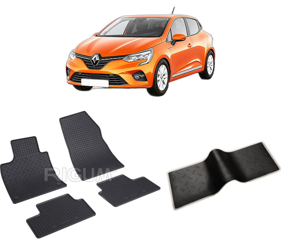 Set covorase auto RENAULT CLIO V din 09.2019-PREZENT, cu covoras tunel median, CAROSERIE HATCHBACK, Presuri cauciuc 100%, compatibil cu autoturismul RENAULT CLIO V, Rigum