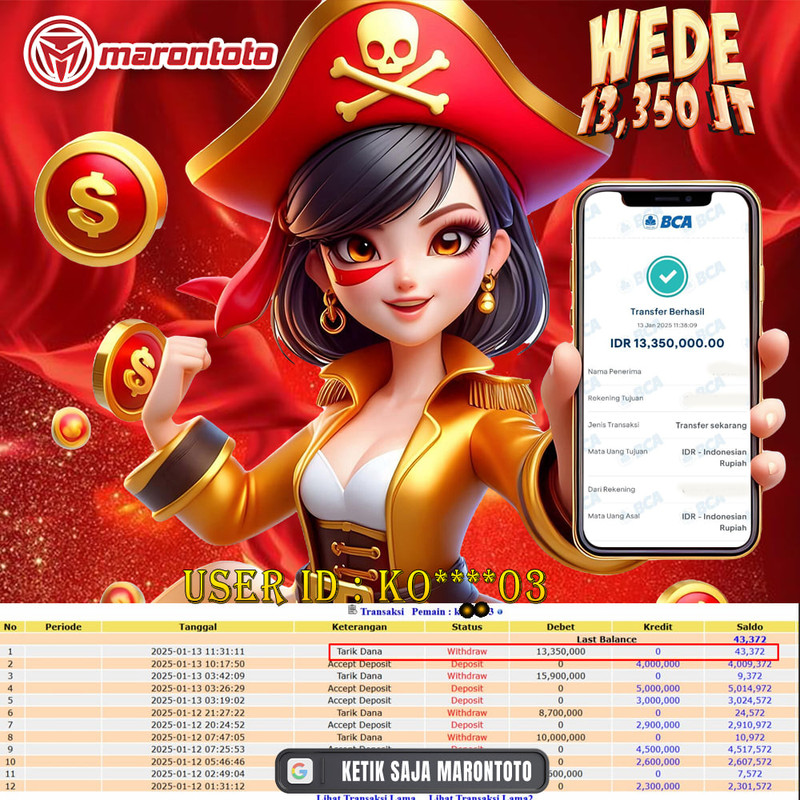 Bukti Kemenangan Member Marontoto Sebesar 13,350 JUTA