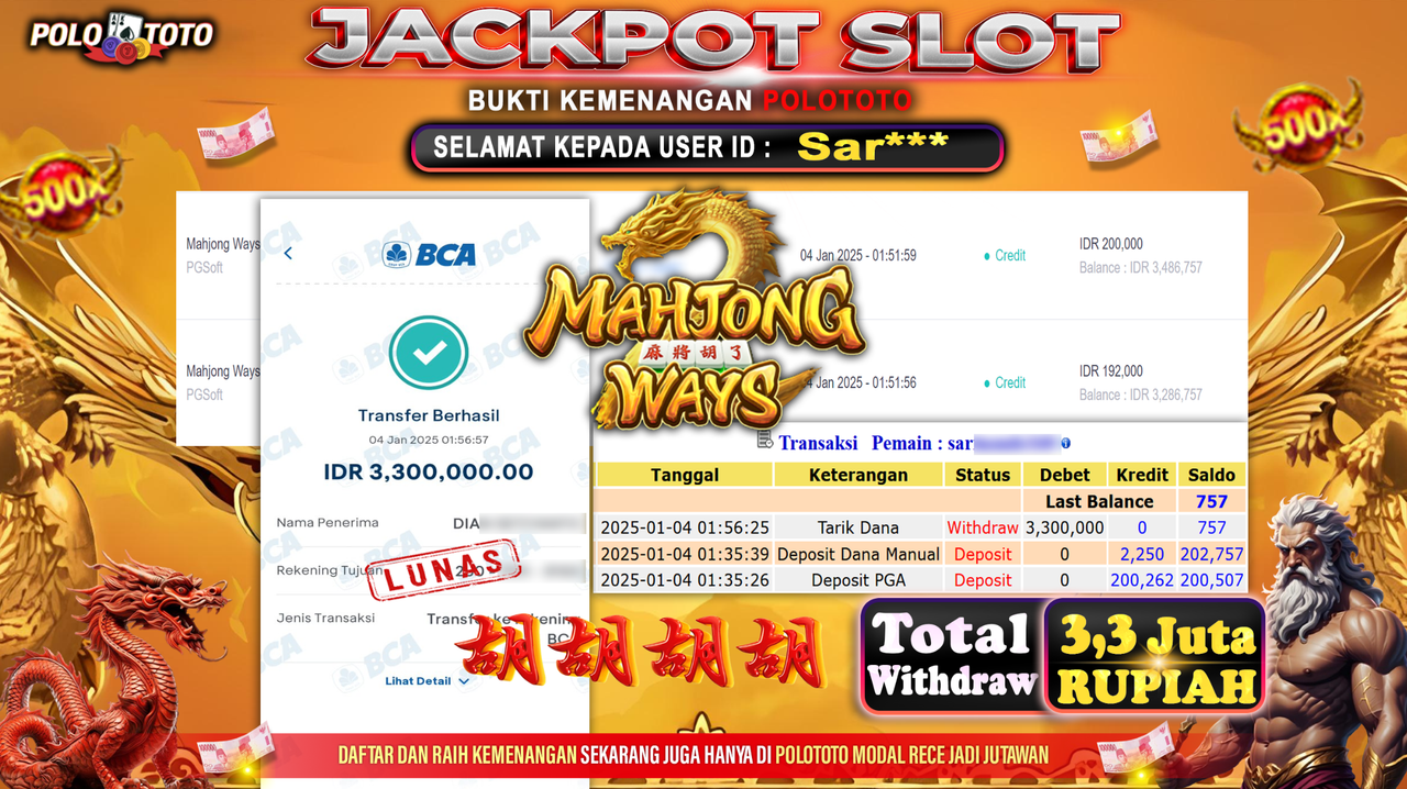 POLOTOTO JACKPOT SLOT MAHJONG WAYS Rp.3,300.000,-