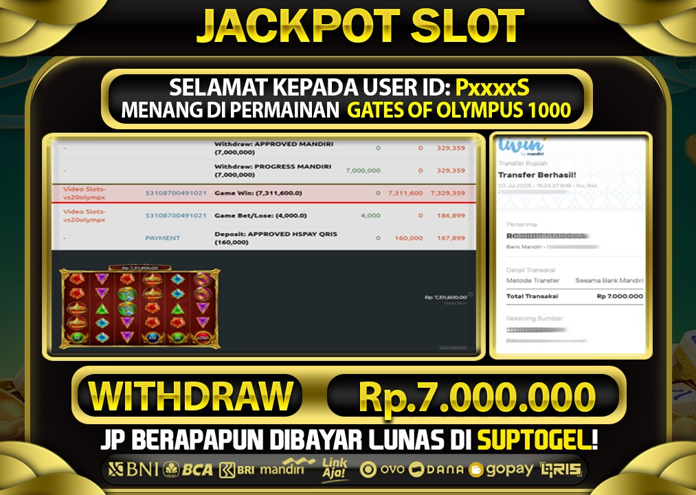  BUKTI KEMENANGAN 3 JULY 2025 MENANG DI PERMAINAN GATES OF OLYMPUS 1000 TOTAL WD 7 JUTA