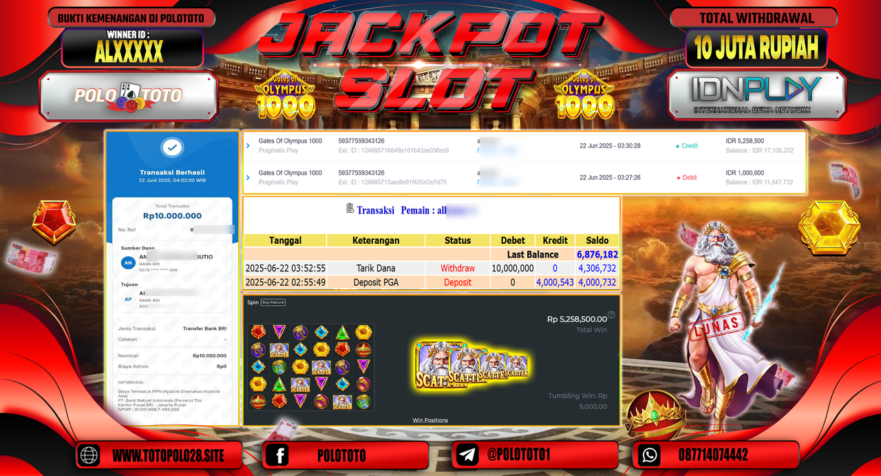 POLOTOTO JACKPOT SLOT GATES OF OLYMPUS 1000 Rp.10.000.000,-