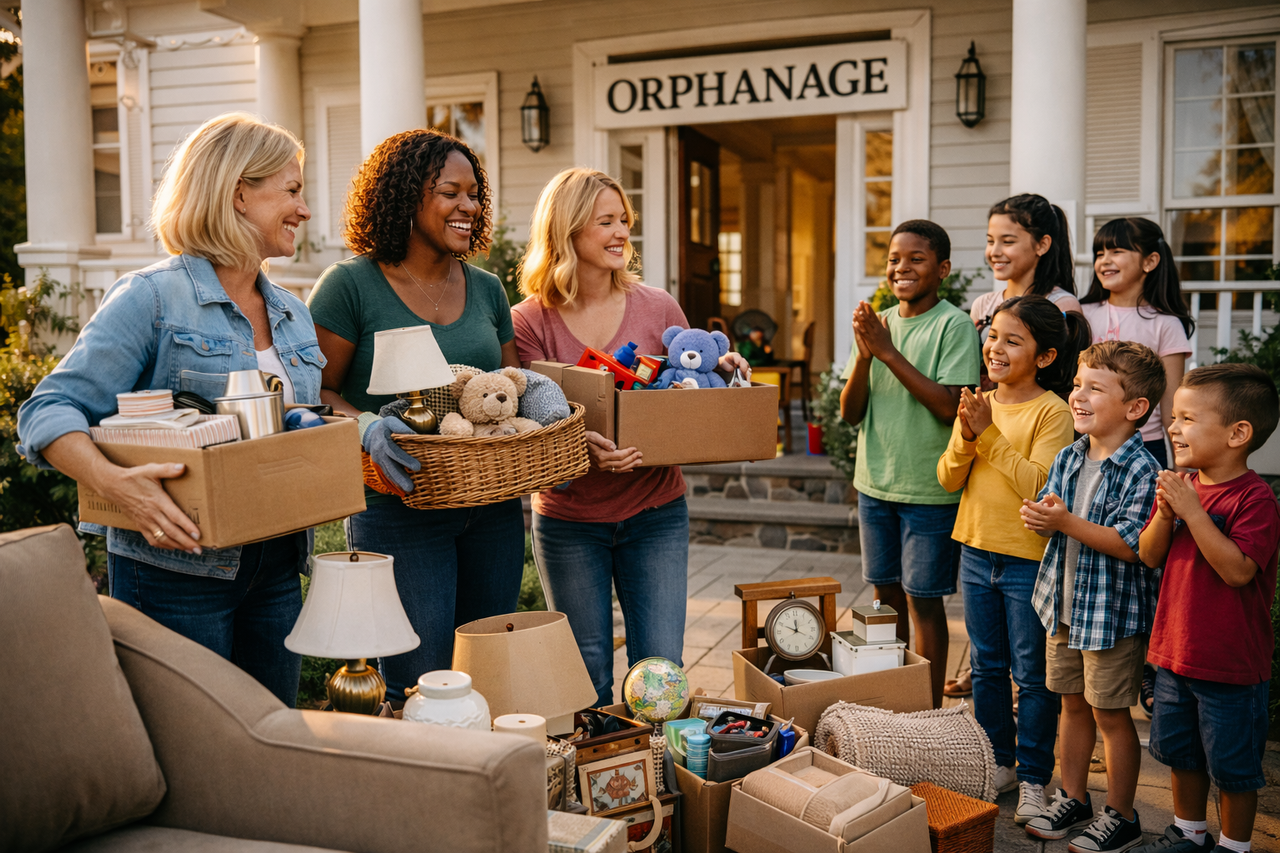 Four women happily contributing and donating items for a charitable cause