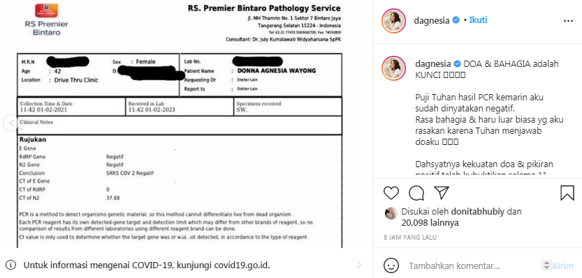 Donna Agnesia sembuh dari Covid-19