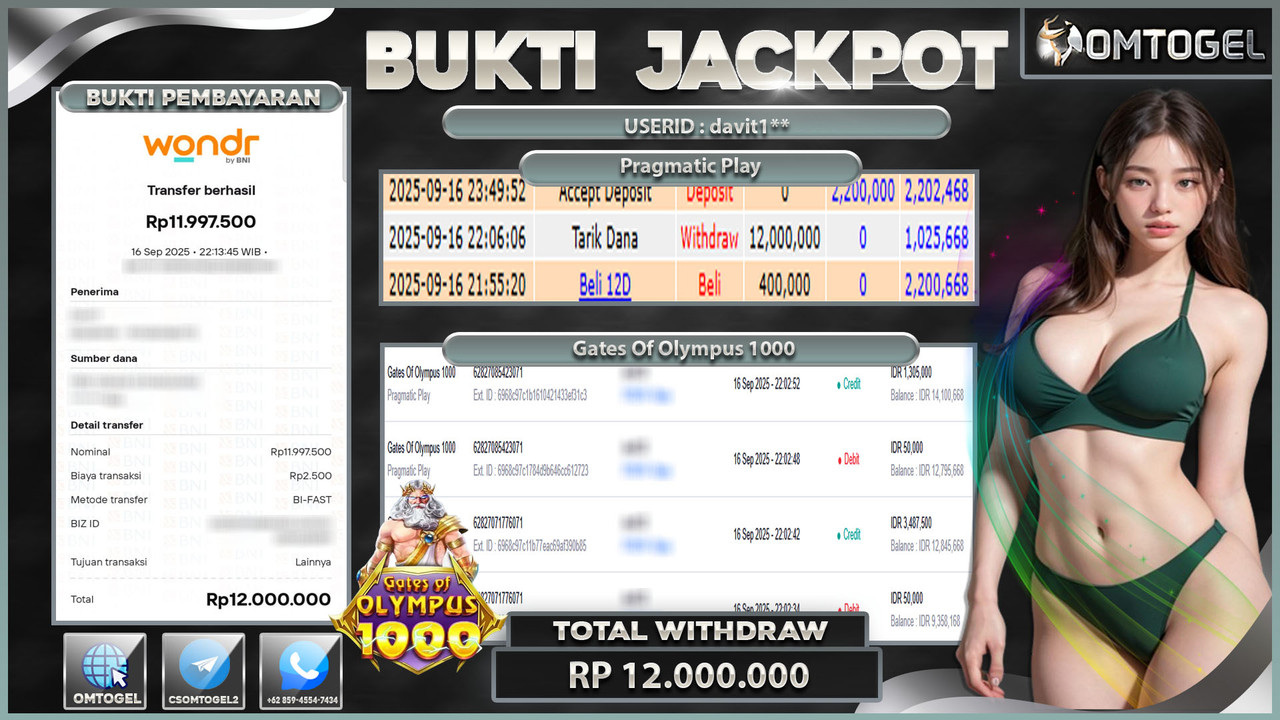 OMTOGEL JACKPOT PRAGMATIC PLAY GATES OF OLYMPUS 1000 12 JUTA DI BAYAR LUNAS ,-