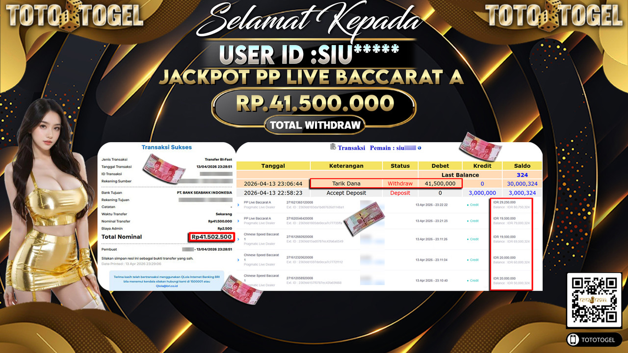 Bukti Pembayaran Jackpot Permainan Pragmatic Live PP Live Baccarat A ID:SIU*****LUNAS