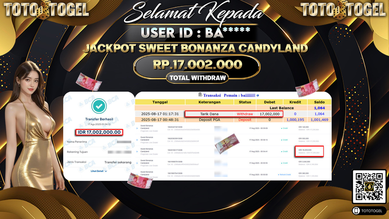 Bukti Pembayaran Jackpot Permainan Pragmatic Live Sweet Bonanza Candyland ID:BA***** LUNAS