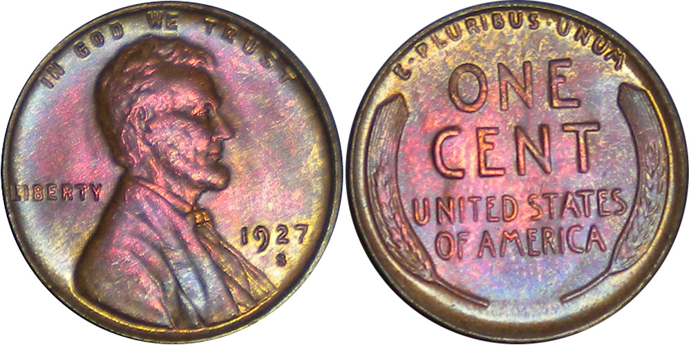 1927 S MS 65 RAINBOW COLOR TONED 1C