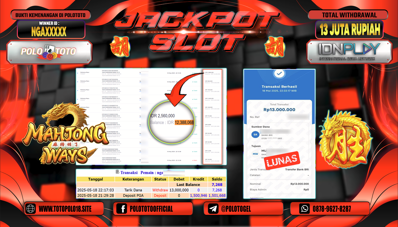 POLOTOTO JACKPOT SLOT MAHJONG WAYS Rp.13.000.000,-