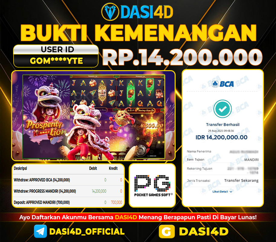 BUKTI KEMENANGAN 29 AGUSTUS 2025 DI  PROSPERITY LION  WD RP. 14.200.000