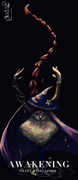 digital art of a girl with red hair, blue witch hat and a white dress in a ballet pose with large text saying "AWAKENING" along with smaller text below that reading "SWEET WINE COOKIE".