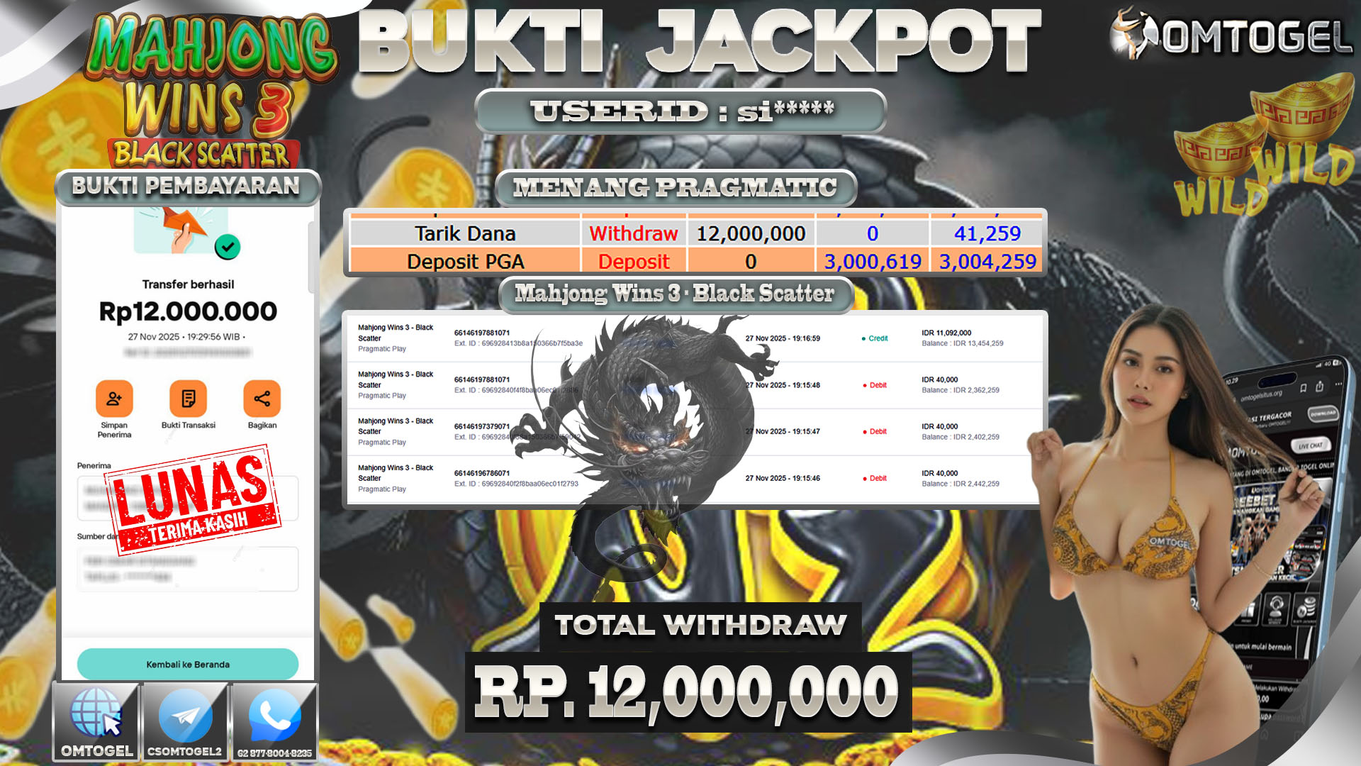 OMTOGEL JACKPOT PRAGMATIC PLAY MAHJONG WINS 3-BLACK SCATTER ,12 JUTA DI BAYAR LUNAS ,-