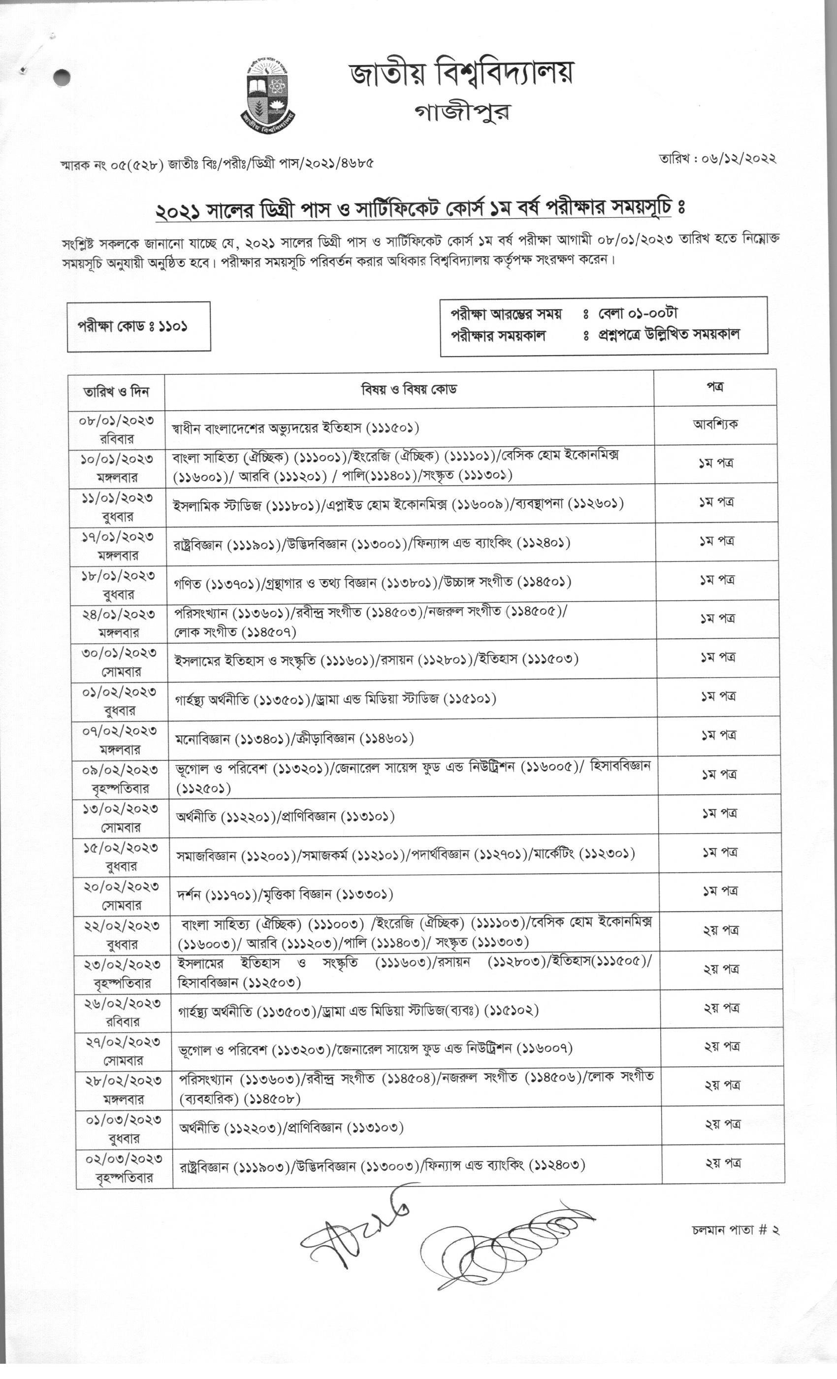 NU Degree 1st year Exam Routine 2022