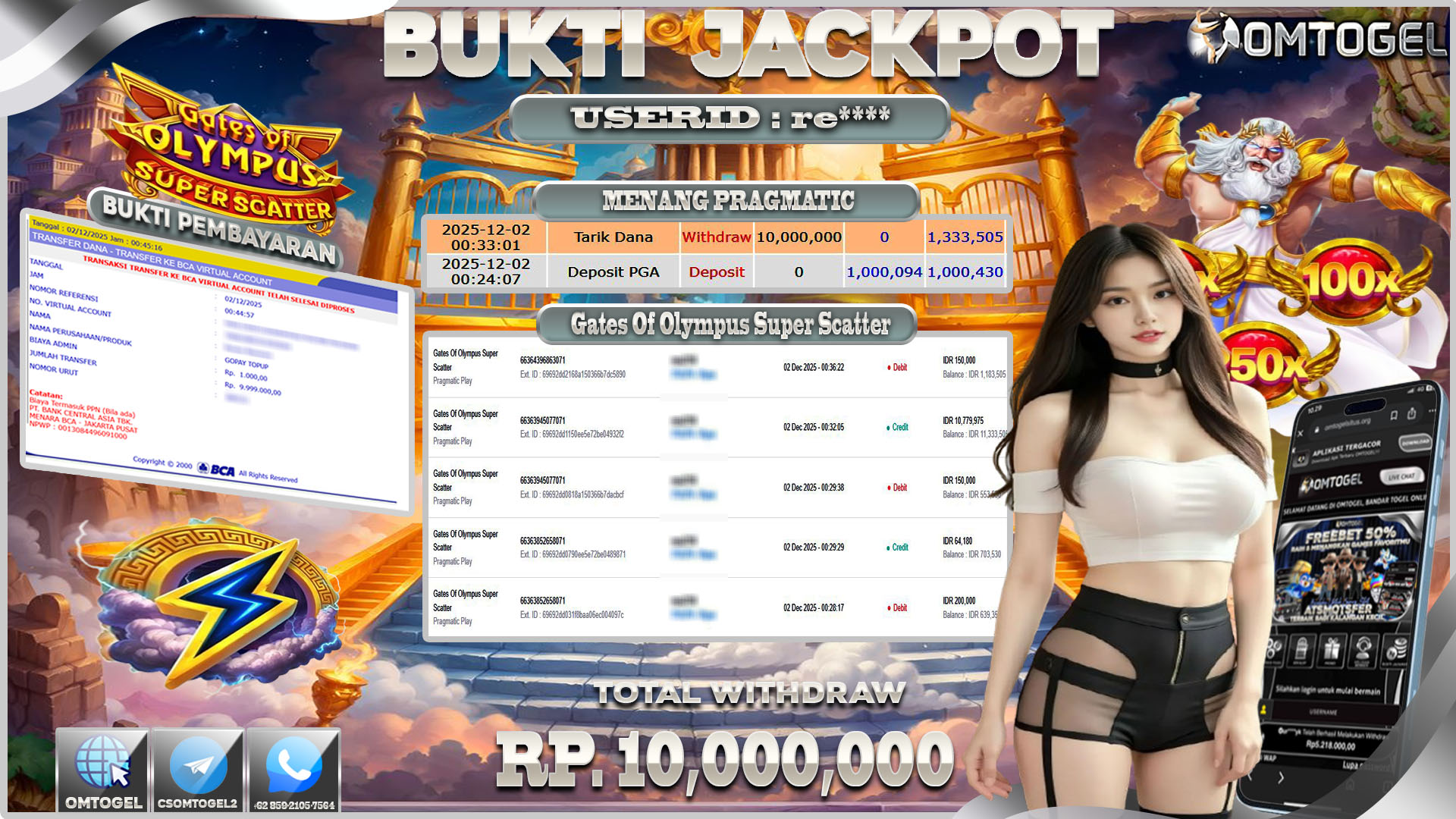 OMTOGEL JACKPOT PRAGMATIC PLAY GATES OF OLYMPUS SUPER SCATTER , 10 JUTA DI BAYAR LUNAS ,-