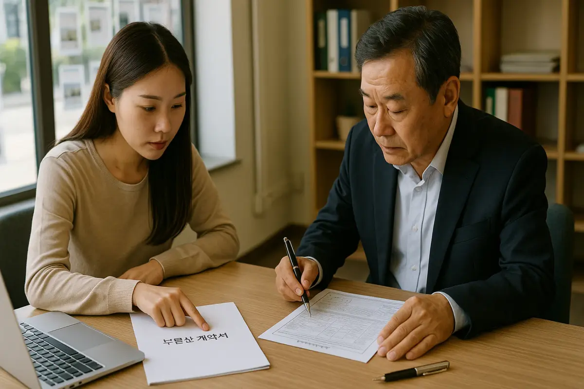 상가 계약 전 등기부등본과 계약서를 확인 중인 한국 남성과 여성, 부동산 사무실, 계약 펜과 노트북이 놓인 풍경