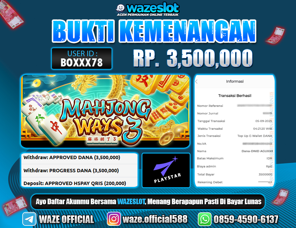 BUKTI KEMENANGAN 05 SEPTEMBER 2025 GAME MAHJONG WAYS 3 ( PLAYSTAR )