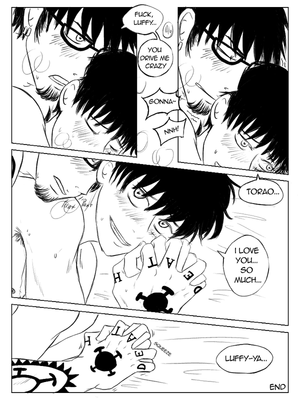 Page 31. Law comes too and wraps his arms around Luffy, breathless. Luffy says that he loves Law, their fingers intertwined. Law doesn’t answer aloud but squeezes his hand, saying everything that needs to be said. The End.
