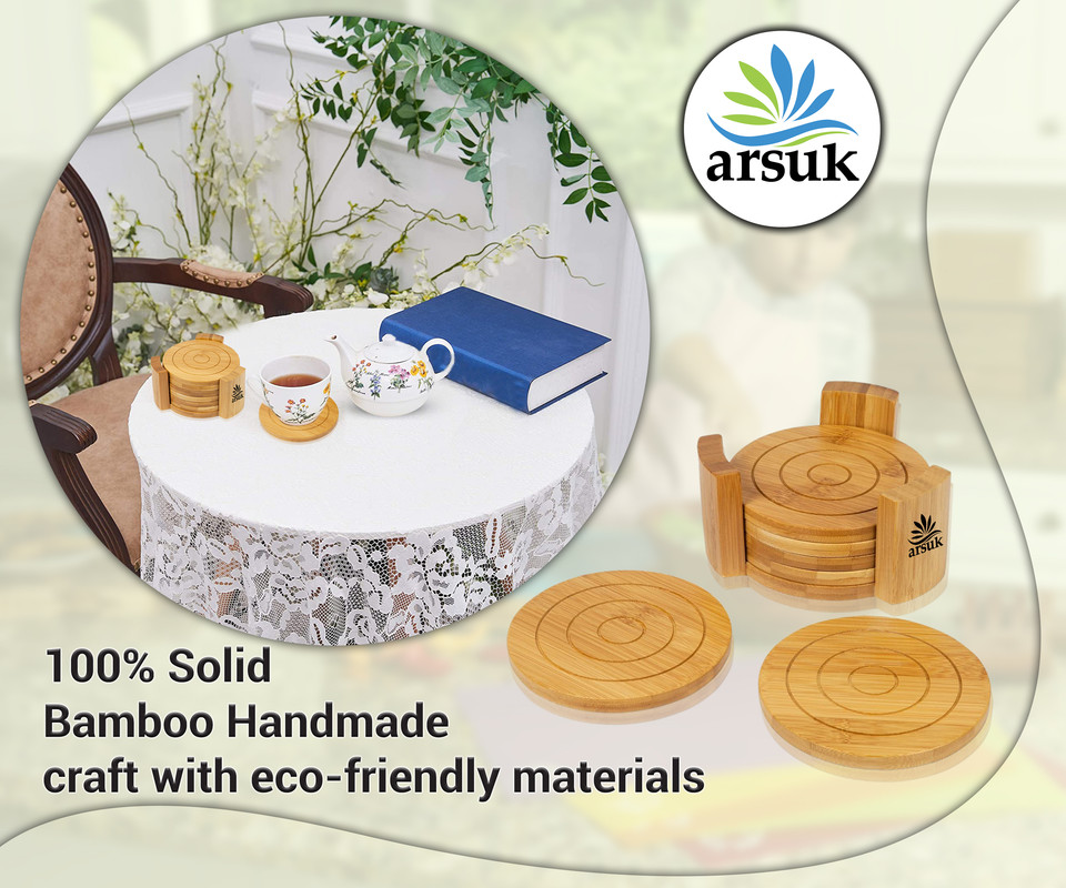 Natural Wooden Bamboo Coaster Set 6pcs With Holder Tea Coffee Home Dining Table