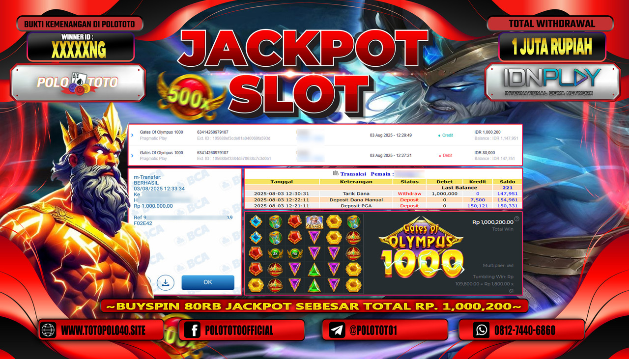 POLOTOTO JACKPOT SLOT GATES OF OLYMPUS 1000 Rp.1.000.000,-LUNAS