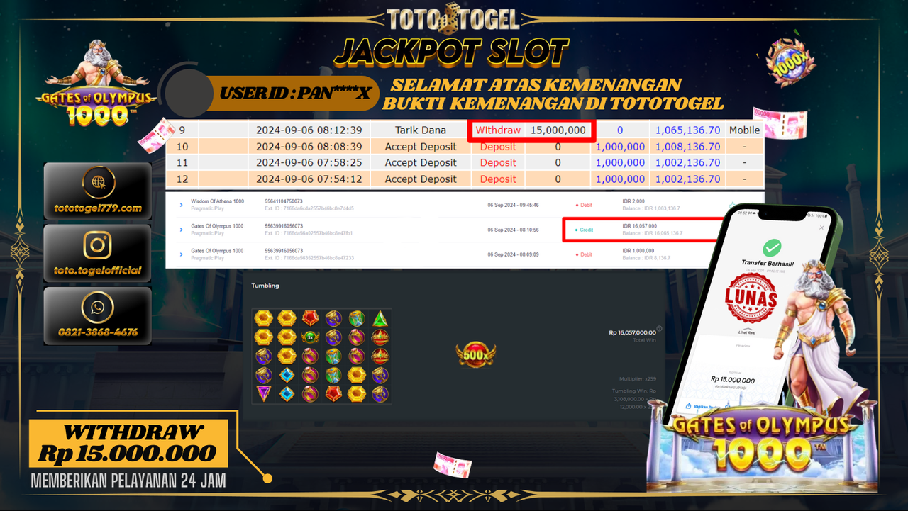 Bukti Kemenangan Permainan Slot Gate Of Olympus 1000 Dengan ID : PAN****X  Terbayar Lunas!!