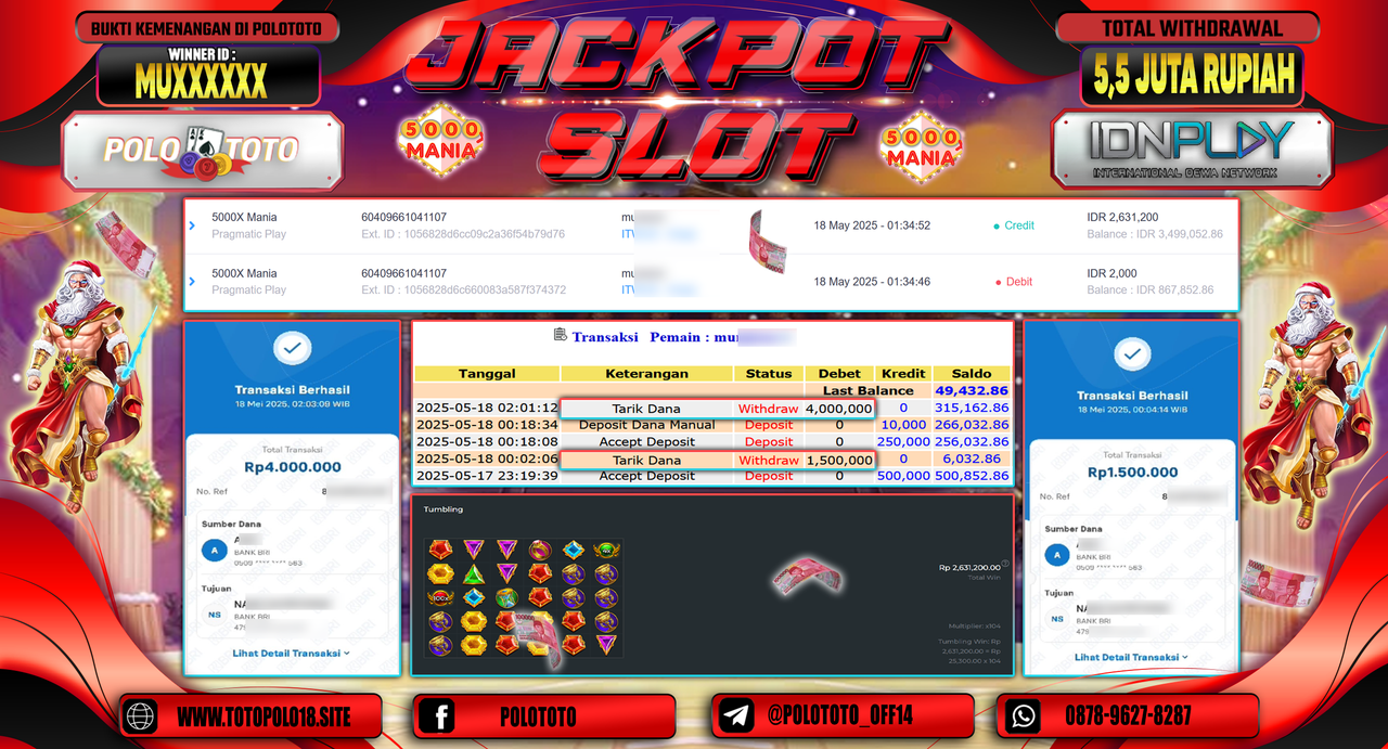 POLOTOTO JACKPOT SLOT 5.000X MANIA Rp.5.500.000,-