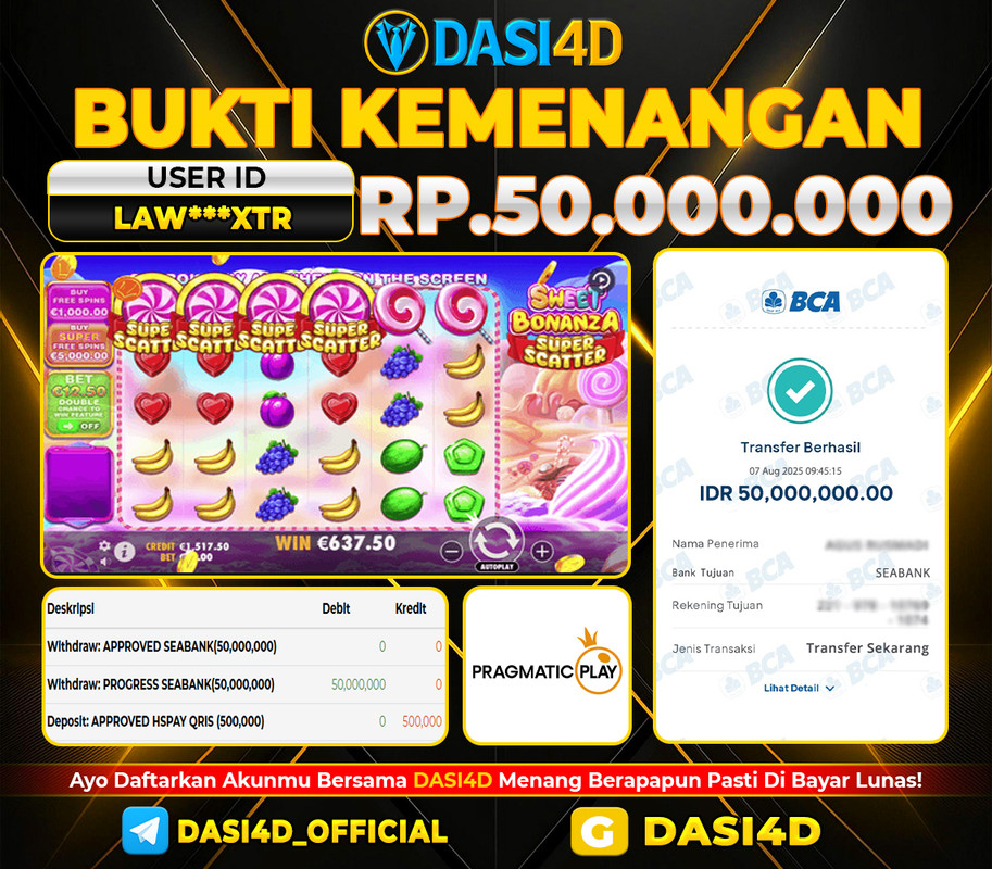 BUKTI KEMENANGAN 07 JULI 2025 DI SWEET BONANZA SUPER SCATTER WD 50.000.000
